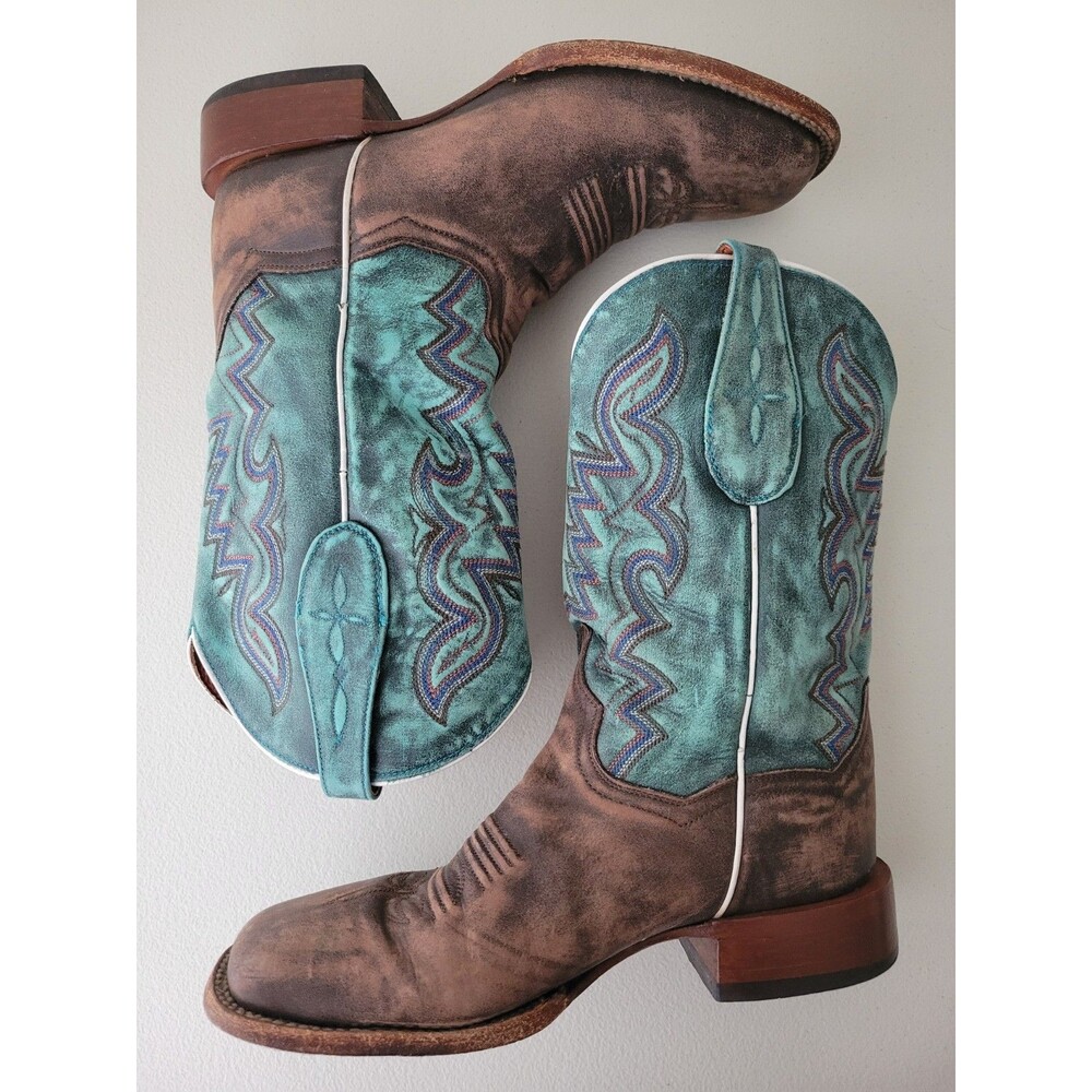 Dan Post W 8M Blue Turquoise Brown Embroidered Leather Western Boots Square Toe